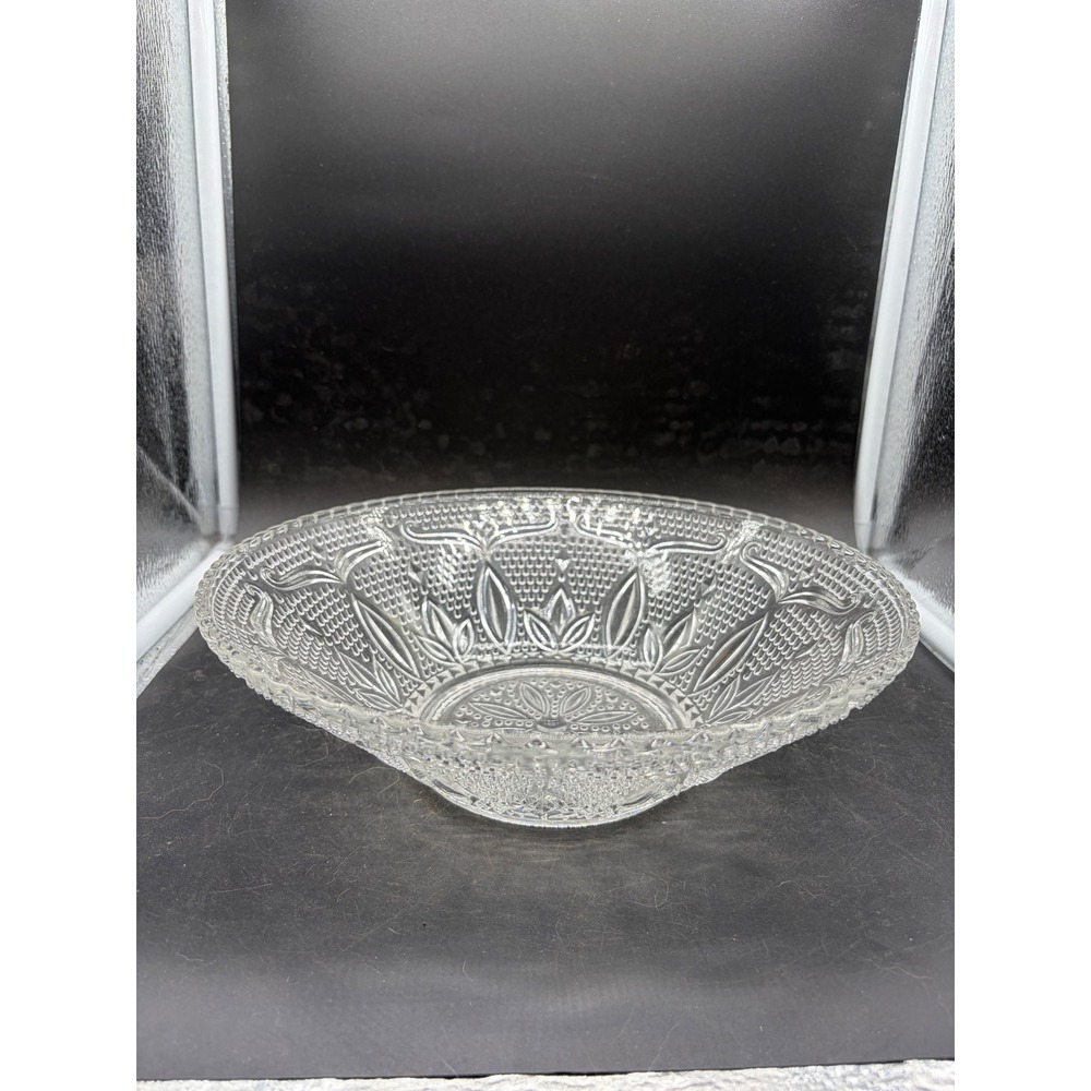 Vintage Clear Pressed Glass Serving Bowl Floral Scalloped Rim 11.5 Inch